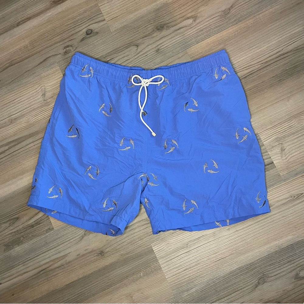 J McLaughlin Blue/Grey Embroidered Shark SwimTrunks Size XL NWT